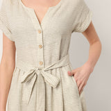 100% Linen Plaid Detachable Tie-Belt Button-Front Maxi Dress LARISSA