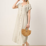 100% Linen Plaid Detachable Tie-Belt Button-Front Maxi Dress LARISSA