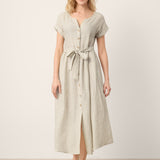 100% Linen Plaid Detachable Tie-Belt Button-Front Maxi Dress LARISSA