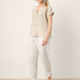 100% Linen Plaid Detachable Tie-Belt Split-Neck Top LEXIE