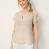 100% Linen Plaid Detachable Tie-Belt Split-Neck Top LEXIE
