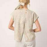 100% Linen Plaid Detachable Tie-Belt Split-Neck Top LEXIE