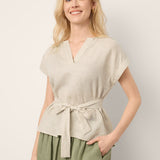 100% Linen Plaid Detachable Tie-Belt Split-Neck Top LEXIE