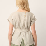 100% Linen Plaid Detachable Tie-Belt Split-Neck Top LEXIE