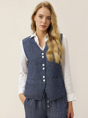 Colete 100% Linho Reversível com Textura Denim e Botões HARPER
