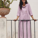 Vestido Maxi ELARAINE em Linho 100% com Gola Enrolada e Botões Assimétricos