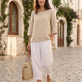 100% Linen Round Neck Asymmetrical Hem Top BRIANNA