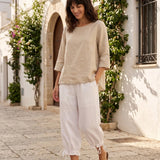 100% Linen Round Neck Asymmetrical Hem Top BRIANNA