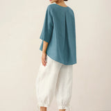 100% Linen Round Neck Asymmetrical Hem Top BRIANNA