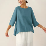 100% Linen Round Neck Asymmetrical Hem Top BRIANNA