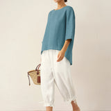 100% Linen Round Neck Asymmetrical Hem Top BRIANNA