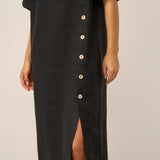 100% Linen Round Neck Button Detail Midi Dress JELENA