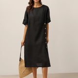 Vestido midi 100% Linho com Decote Redondo e Botões JELENA