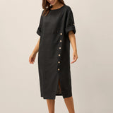 Vestido midi JELENA 100% linho gola redonda com botões