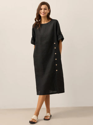 Vestido midi 100% Linho com Decote Redondo e Botões JELENA