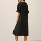 100% Linen Round Neck Button Detail Midi Dress JELENA
