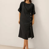 Vestido midi JELENA 100% linho gola redonda com botões