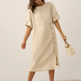 Vestido midi JELENA 100% linho gola redonda com botões