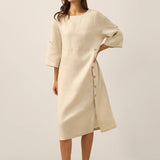 100% Linen Round Neck Button Detail Midi Dress JELENA