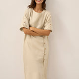 100% Linen Round Neck Button Detail Midi Dress JELENA