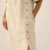 100% Linen Round Neck Button Detail Midi Dress JELENA