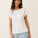 100% Linen Round Neck Button Detail Top ISABELLE