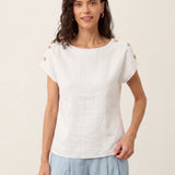 100% Linen Round Neck Button Detail Top ISABELLE