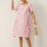 Vestido Midi com Bolsos de Chapa e Gola Redonda em Linho 100% XENA