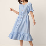 Vestido Midi com Cinto e Babados em 100% Linho LIVARA