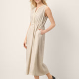 Vestido Midi Sem Mangas com Renda e Cintura Elástica 100% Linho LUCINDA