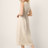 Vestido Midi Sem Mangas com Renda e Cintura Elástica 100% Linho LUCINDA
