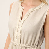 Vestido Midi Sem Mangas com Renda e Cintura Elástica 100% Linho LUCINDA