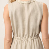 Vestido Midi Sem Mangas com Renda e Cintura Elástica 100% Linho LUCINDA
