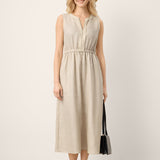 Vestido Midi Sem Mangas com Renda e Cintura Elástica 100% Linho LUCINDA
