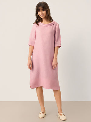 Vestido Midi SABRINA em Linho 100% Esculpido com Decote Canoa e Laço nas Costas