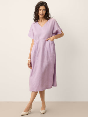 Vestido Midi em Linho 100% com Cintura Esculpida e Mangas Morcego TIVIA