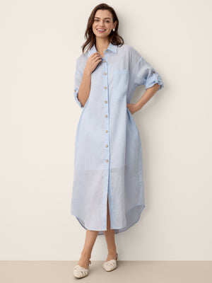 Vestido Maxi de Camisa Casulo MIREN com Gola de Camisa e Punho Dobrado, 100% Linho