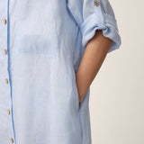 Vestido Maxi de Camisa Casulo MIREN com Gola de Camisa e Punho Dobrado, 100% Linho
