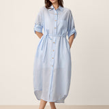 Vestido Maxi de Camisa Casulo MIREN com Gola de Camisa e Punho Dobrado, 100% Linho