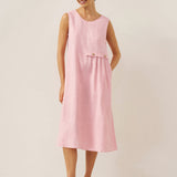 Vestido midi sem mangas 100% linho plissado em acordeão TINA