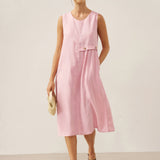Vestido midi sem mangas 100% linho plissado em acordeão TINA