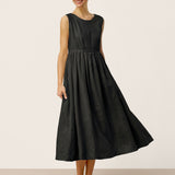 Vestido Maxi Sem Mangas de Linho 100% com Gola Redonda e Cintura Franzida SELENE