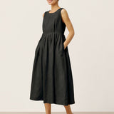 Vestido Maxi Sem Mangas de Linho 100% com Gola Redonda e Cintura Franzida SELENE