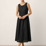 Vestido Maxi Sem Mangas de Linho 100% com Gola Redonda e Cintura Franzida SELENE