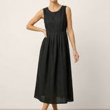 Vestido Maxi Sem Mangas de Linho 100% com Gola Redonda e Cintura Franzida SELENE