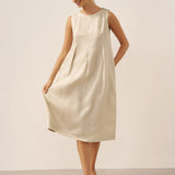 Vestido Midi Sem Mangas em Linho 100% com Botões no Ombro FREYA