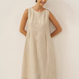 Vestido Midi Sem Mangas em Linho com Botões no Ombro FREYA