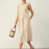 Vestido Midi Sem Mangas em Linho com Botões no Ombro FREYA