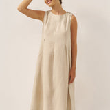 Vestido Midi Sem Mangas em Linho 100% com Botões no Ombro FREYA