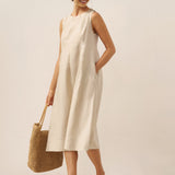 Vestido Midi Sem Mangas em Linho com Botões no Ombro FREYA